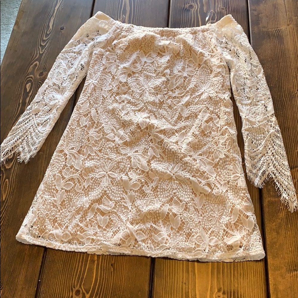 White lace crochet short off the shoulder dress